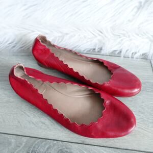 Chloe Lauren Red Leather Scalloped Ballet Flats